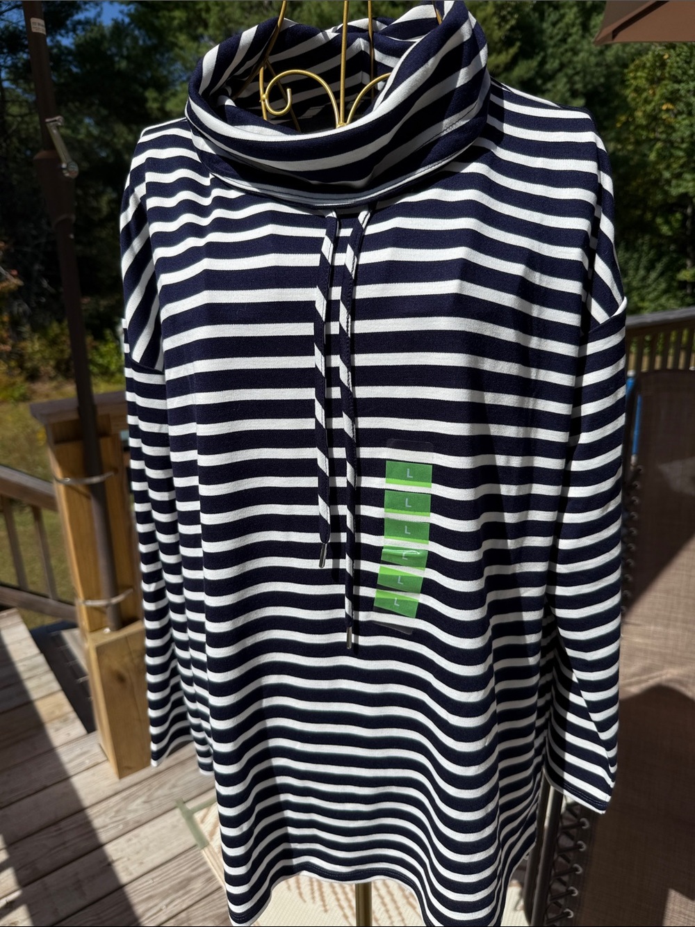Jones New York dark Navy and White Striped Cowl Neck Tunic nwt lg sku22